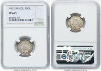 Pedro II 200 Reis 1862 MS65 NGC, Rio de Janeiro mint, KM469, LMB-580. The pristine devices on this Gem specimen are encased by a luminous rainbow pati...