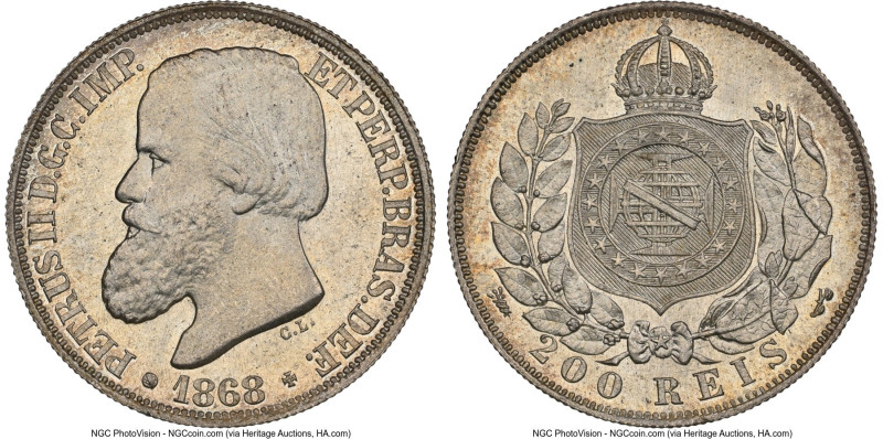 Pedro II 200 Reis 1868 MS66 NGC, Rio de Janeiro mint, KM471, LMB-628. A very att...