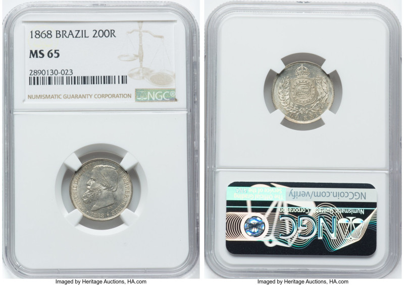 Pedro II 200 Reis 1868 MS65 NGC, Rio de Janeiro mint, KM471, LMB-628. Flashes of...