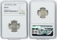 Pedro II 200 Reis 1868 MS65 NGC, Rio de Janeiro mint, KM471, LMB-628. Flashes of gold on this brilliant specimen prevent the bright surfaces from appe...