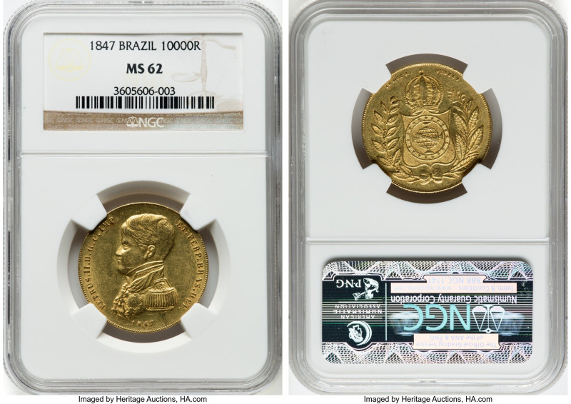 Pedro II gold 10000 Reis 1847 MS62 NGC, Rio de Janeiro mint, KM457, LMB-627. Sel...