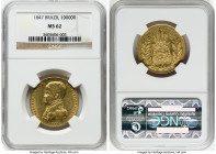 Pedro II gold 10000 Reis 1847 MS62 NGC, Rio de Janeiro mint, KM457, LMB-627. Seldom-seen in a Mint designation, and scarce overall with only ten total...