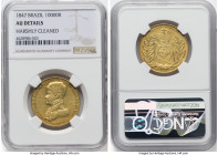 Pedro II gold 10000 Reis 1847 AU Details (Harshly Cleaned) NGC, Rio de Janeiro mint, KM457, LMB-627. Radiant honey-lemon surfaces dance with a touch o...