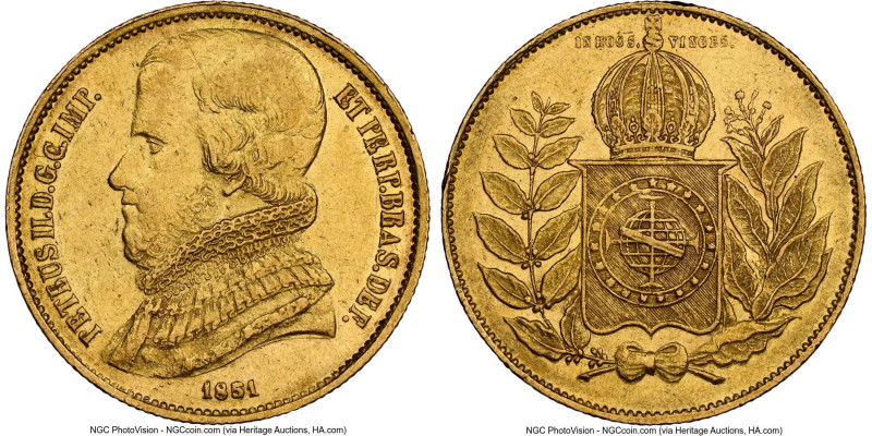 Pedro II gold 20000 Reis 1851 AU58 NGC, Rio de Janeiro mint, KM461, LMB-634. Lar...