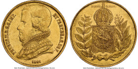 Pedro II gold 20000 Reis 1851 AU58 NGC, Rio de Janeiro mint, KM461, LMB-634. Large bust variety. A lovely example of this popular type with champagne-...