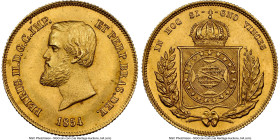 Pedro II gold 5000 Reis 1854 MS65 NGC, Rio de Janeiro mint, KM470, LMB-637a. Crown of pearls variety. A subtle cartwheel-like luster illuminates the c...