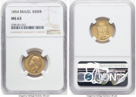 Pedro II gold 5000 Reis 1854 MS63 NGC, Rio de Janeiro mint, KM470. A first-year emission with soft, silky luster and untoned surfaces. HID09801242017 ...