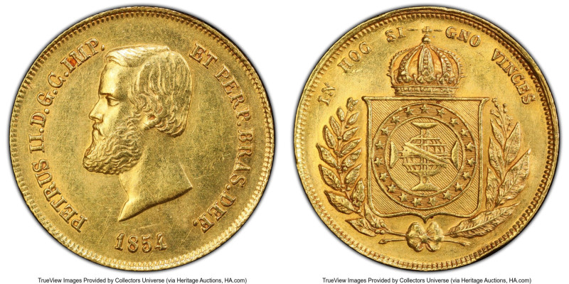 Pedro II gold 5000 Reis 1854 AU58 PCGS, Rio de Janeiro mint, KM470, LMB-637a. Fi...