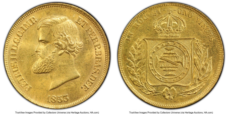 Pedro II gold 10000 Reis 1853 MS62 PCGS, Rio de Janeiro mint, KM467, LMB-643. Fi...