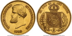Pedro II gold 10000 Reis 1855 MS62 NGC, Rio de Janeiro mint, KM467, LMB-645. Pearl on central meridian in globe. With only two other known examples in...