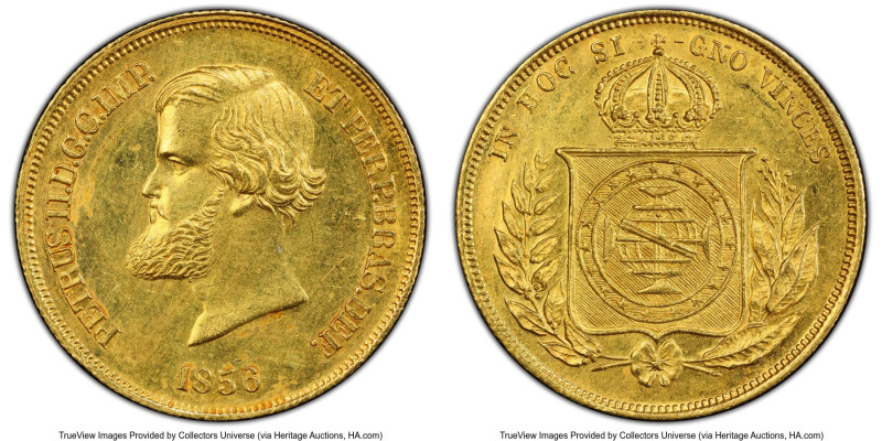 Pedro II gold 10000 Reis 1856 MS62 PCGS, Rio de Janeiro mint, KM467, LMB-646. Fi...