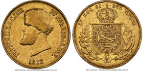 Pedro II gold 10000 Reis 1863 XF Details (Removed From Jewelry) NGC, Rio de Janeiro mint, KM467, LMB-651. First type, pearl on central meridian in glo...