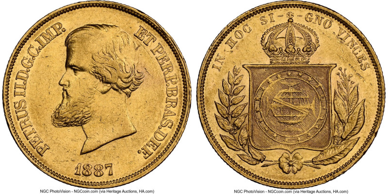 Pedro II gold 10000 Reis 1887 AU55 NGC, Rio de Janeiro mint, KM467, LMB-670. A l...