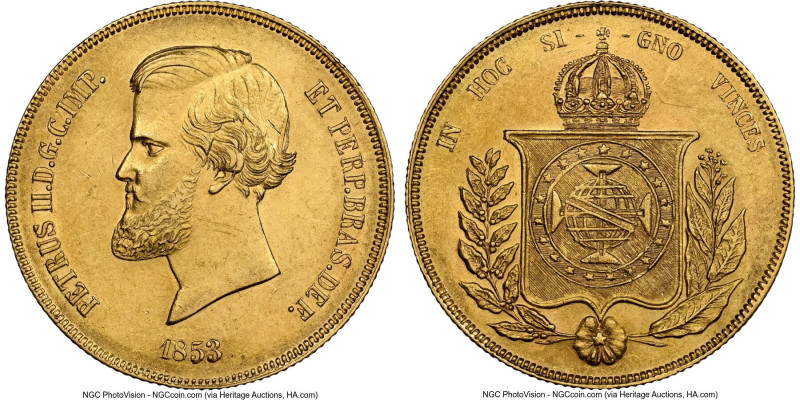 Pedro II gold 20000 Reis 1853 MS61 NGC, Rio de Janeiro mint, KM468, LMB-673. Bat...