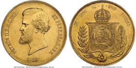 Pedro II gold 20000 Reis 1853 MS61 NGC, Rio de Janeiro mint, KM468, LMB-673. Bathed in a beautiful champagne luster with well-struck motifs. HID098012...