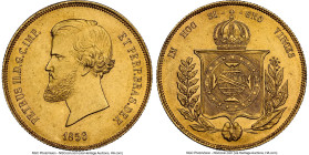 Pedro II gold 20000 Reis 1856 UNC Details (Cleaned) NGC, Rio de Janeiro mint, KM468, LMB-676. Flashy and eye-catching lemon-honey surfaces with an acc...