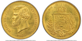 Pedro II gold 20000 Reis 1857 MS62 PCGS, Rio de Janeiro mint, KM468, LMB-677. Tied for the highest grade at PCGS. Ex. Sabará Collection HID09801242017...