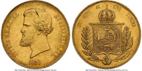 Pedro II gold 20000 Reis 1860 AU58 NGC, Rio de Janeiro mint, KM468, LMB-680. The slightest touches of amber toning creates a beautiful accent to glist...