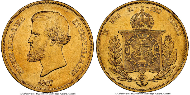 Pedro II gold 20000 Reis 1867 AU55 NGC, Rio de Janeiro mint, KM468, LMB-686. HID...