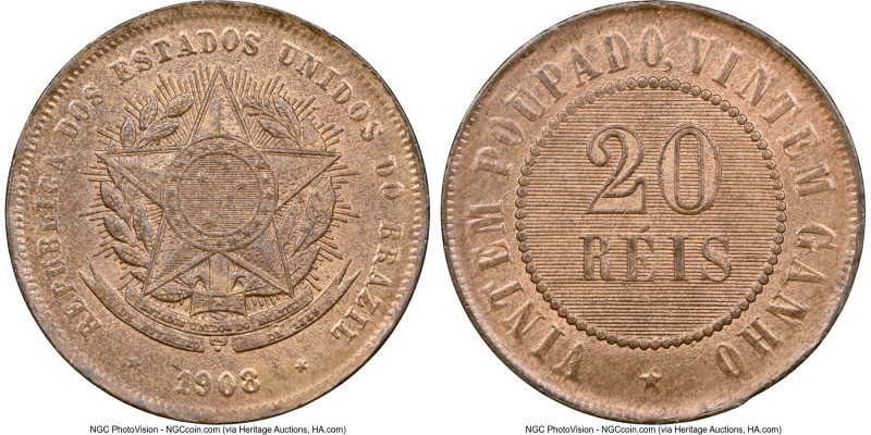 Republic 20 Reis 1908 MS65 Red and Brown NGC, Rio de Janeiro mint, KM490, LMB-B8...