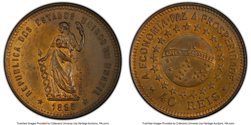 Republic copper Pattern Specimen 40 Reis 1889 SP64 Red and Brown PCGS, Rio de Ja...