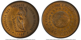 Republic copper Pattern Specimen 40 Reis 1889 SP64 Red and Brown PCGS, Rio de Janeiro mint, KM-PNn172, LMB-156a. Tied at the highest grade on the PCGS...