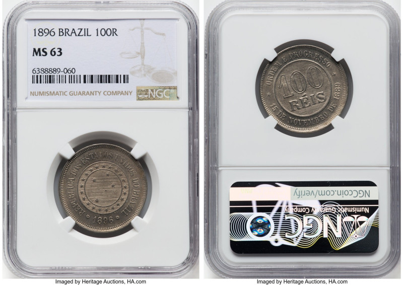 Republic 100 Reis 1896 MS63 NGC, Rio de Janeiro mint, KM492, LMB-40. Tied at the...