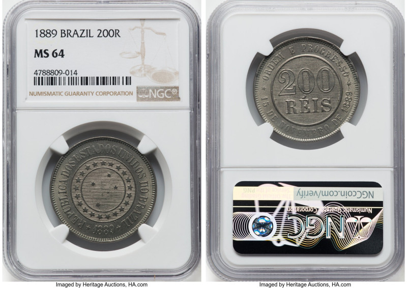 Republic 200 Reis 1889 MS64 NGC, Rio de Janeiro mint, KM493, LMB-45. First year ...