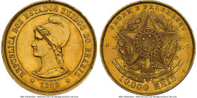 Republic gold 10000 Reis 1899 UNC Details (Obverse Cleaned) NGC, Rio de Janeiro mint, KM496, LMB-695. Mintage: 238. Beautifully bright hues of lemon-g...