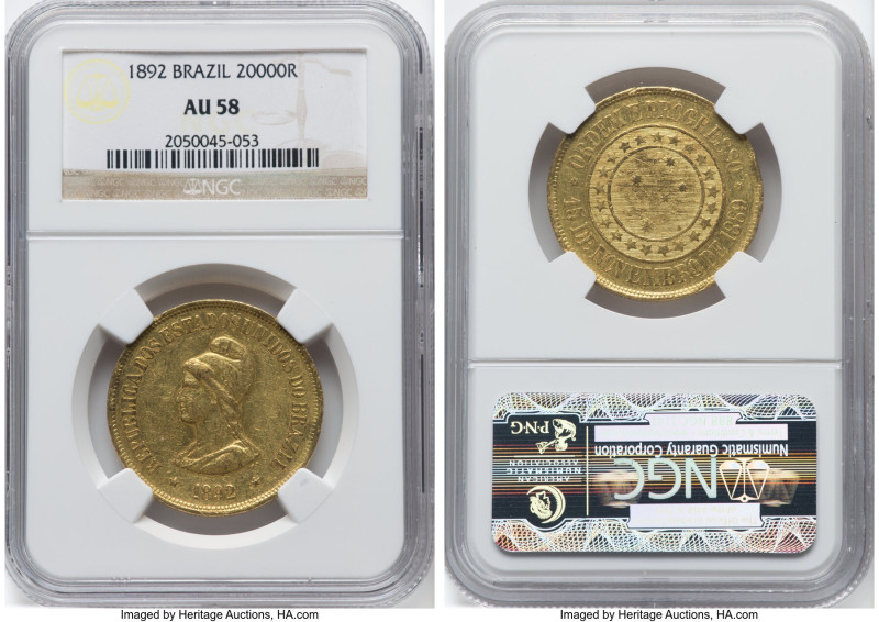 Republic gold 20000 Reis 1892 AU58 NGC, Rio de Janeiro mint, KM497, LMB-712. Min...