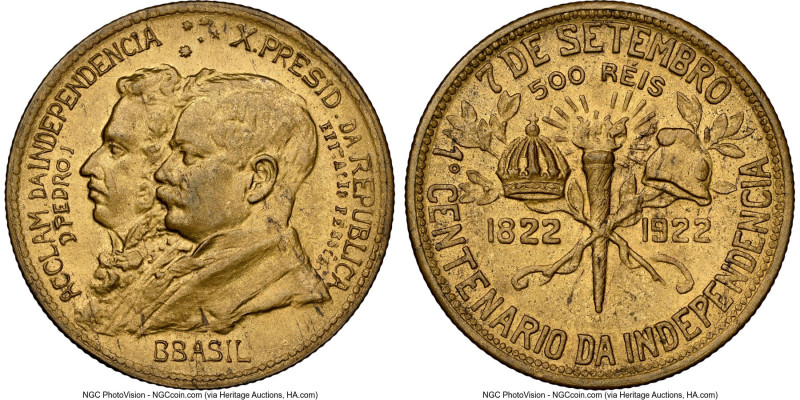 Republic 500 Reis 1922 MS64 NGC, Rio de Janeiro mint, KM521.2, LMB-204. Error "B...