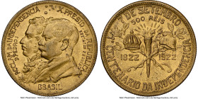 Republic 500 Reis 1922 MS64 NGC, Rio de Janeiro mint, KM521.2, LMB-204. Error "BBASIL". With only two other offerings from NGC in a higher grade, this...