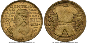 Republic "400th Anniversary of Colonization" 500 Reis 1932 MS67 NGC, Rio de Janeiro mint, KM530, LMB-138. Tied with only seven other offerings for the...