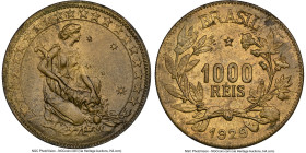 Republic 1000 Reis 1929 MS65 NGC, Rio de Janeiro mint, KM525, LMB-132. A lemon cartwheel luster illuminates the metallic-bronze surfaces; the single h...