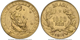 Republic 1000 Reis 1931 MS65 NGC, Rio de Janeiro mint, KM525, LMB-134. A champagne cartwheel luster illuminates the light metallic-bronze surfaces; th...