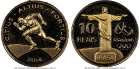 Republic gold Proof "Rio Olympics - 100 Meter Sprint" 10 Reais 2014 PR68 Ultra Cameo NGC, Rio de Janeiro mint, KM685. Mintage: 5,000. Series 1. HID098...