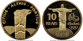 Republic gold Proof "Rio Olympics - Olympic Torch" 10 Reais 2016 PR67 Ultra Cameo NGC, Rio de Janeiro mint, KM733. Mintage: 5,000. Series IV. HID09801...
