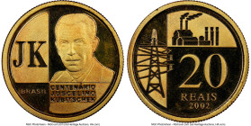 Republic gold Proof "Juscelino Kubitschek" 20 Reais 2002 PR67 Ultra Cameo NGC, Rio de Janeiro mint, KM659, LMB-742. Mintage: 2,499. President Juscelin...