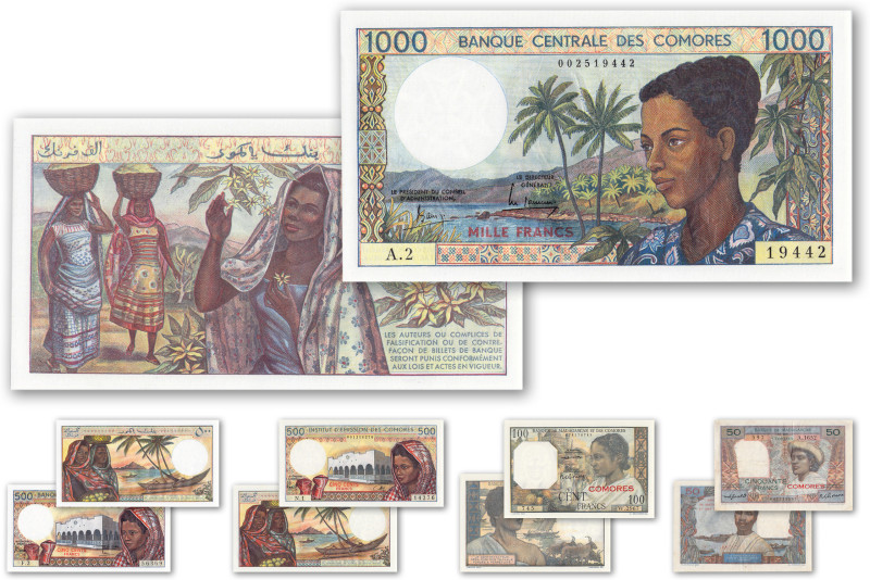 Comores
Lot de 5 billets des 50, 100, 500 (2ex.) et 1000 francs

Pick 2b, 3b,...