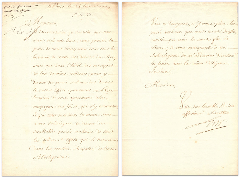 France - John Law
Lettre signée par John Law demandant un inventaire de tous le...