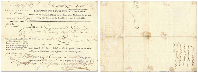 France - Récépissé de l'Emprunt Volontaire - Departement de l'Isère
1000 livres...