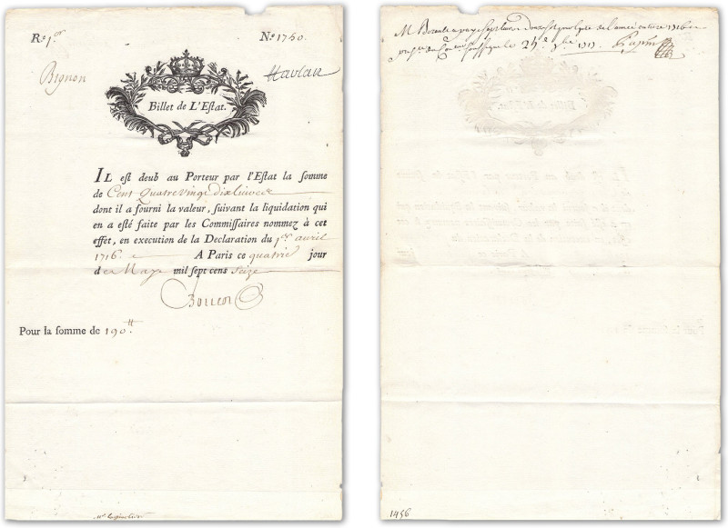France - Louis XV (1715-1774)
Billet de l'Etat de 190 livres 

4 mai 1716 - N...