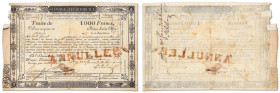 France
Banque Territoriale

Traite de 1000 Francs

8 Floréal An 10 (28 avril 1802)

"ANNULLEE." tamponné en rouge au recto.

 

B - F Scotc...