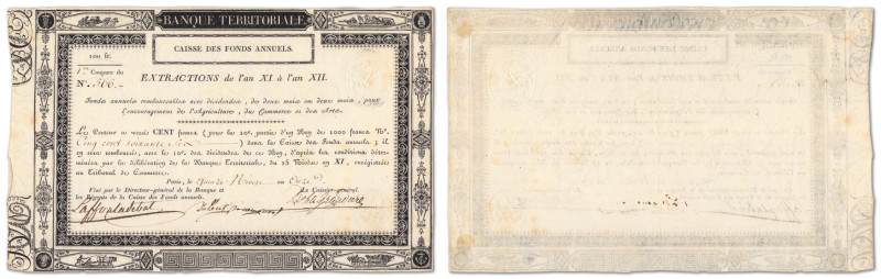 France
Banque Territoriale

100 francs Caisse des fonds annuels

15 Nivose ...