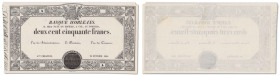 France - Banque d'Orléans
Épreuve uniface du recto du 250 Francs 

12 février 1844 - Alphabet A - Sans numérotation - Sans signatures

Léger manq...