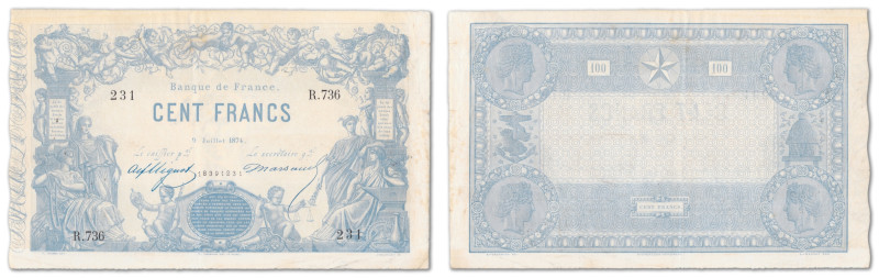 France - Banque de France
100 francs Bleu à indices noirs



9 juillet 1874...