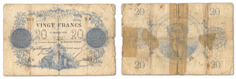 France - Banque de France
20 Francs type 1871

31 décembre 1870 - M8/261

S...