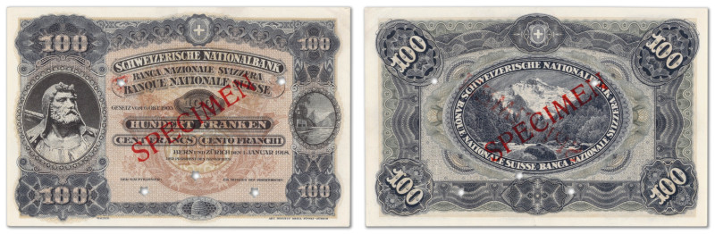 Suisse - Banque Nationale Suisse
Spécimen non filigrané du 100 francs 1918 

...