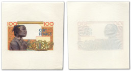 Togo
Epreuve uniface non filigranée du 100 francs type 1956

ND - Sans alphabet - Sans numérotation - Sans signatures.

Sur papier à grande marge...