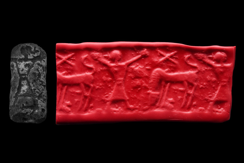 BACTRIAN STONE CYLINDER SEAL

 Likely Bactrian/Turkmenistan, Ca. 2000 BC
 A c...